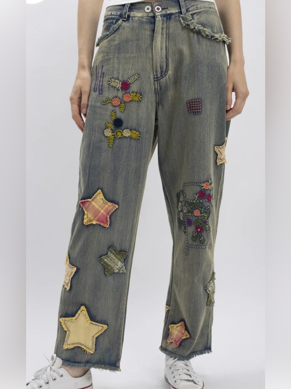 Blue Jean Embroidered Patchwork Wide-Leg Jeans